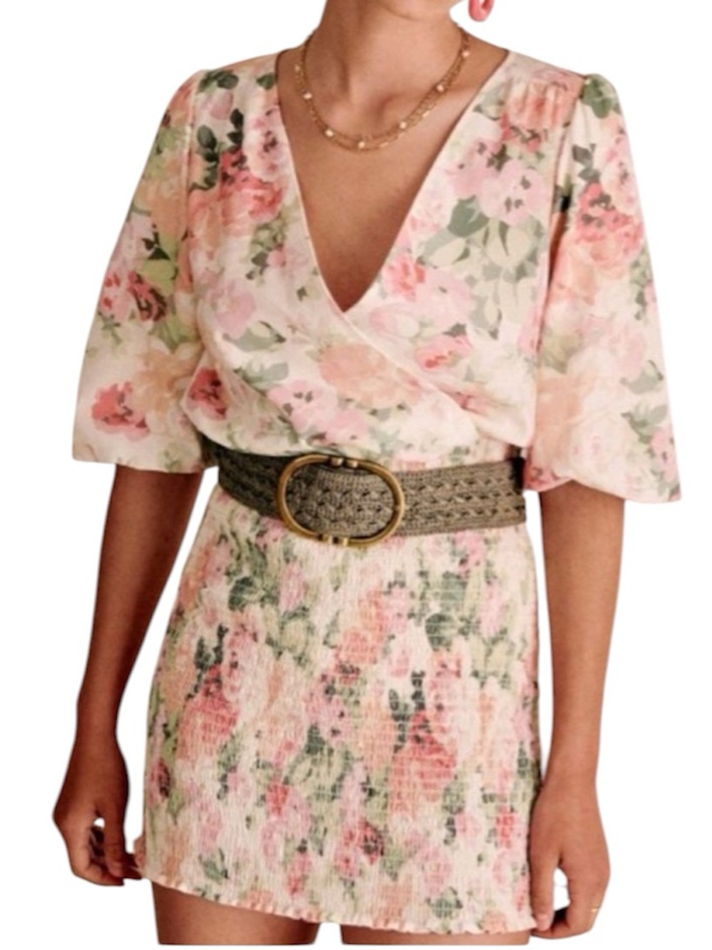 SÉZANE Olga Mini Smock Dress Romantic Flowers Surplice Neck Linen Cotton 40 NWT